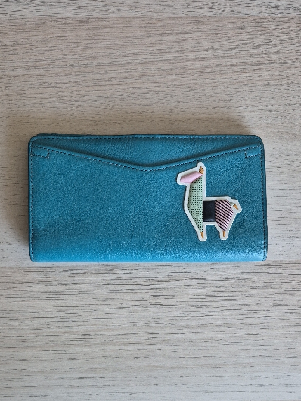 Fossil Teal Leather Wallet with Colorful Llama Patch